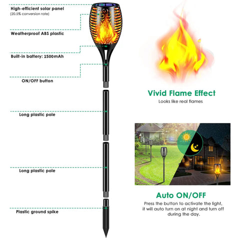 Lit Solar Flame Torch Lights For Outdoors With 99 LED Flickering Flames 43 Inch Waterproof Pathway Lights Solar Powered Four Pack