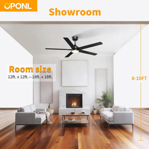52 Inch Ceiling Fan With Lights And Remote, Black Finish, installed in modern living room with natural wood flooring