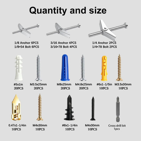 165 Piece Drywall Anchors And Screws Kit With Toggle Bolts And Wing Nuts For Drywall Includes Wood Screws And Plastic Anchors Chart