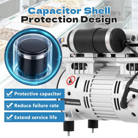 Capacitor shell on Heavy Duty Oil Free Vacuum Pump 750 Watt 7 Cfm 92 Kpa for improved reliability and service life.