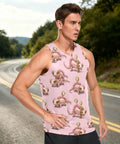 Mens Pink Sleeveless Tank Top With Concealed Pocket And Bold Mechanical Lizard Clock Graphics And Moisture Wicking Mesh Athletic Tee, worn outdoors.