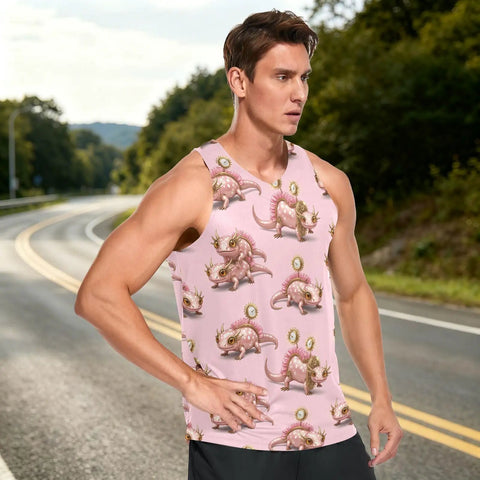 Mens Pink Sleeveless Tank Top With Concealed Pocket And Bold Mechanical Lizard Clock Graphics And Moisture Wicking Mesh Athletic Tee, worn outdoors.