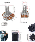 80Pcs Potentiometer Kit WH148 5K 10K 20K 50K 100K Ohm Single Linear Taper Rotary Potentiometers with sizing details and knobs