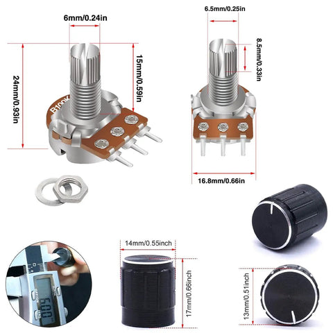 80Pcs Potentiometer Kit WH148 5K 10K 20K 50K 100K Ohm Single Linear Taper Rotary Potentiometers with sizing details and knobs