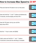 Instruction panel for increasing max speed to 25 MPH on Go To 26 Inch Commuter Electric Bike with 720W Peak Motor.