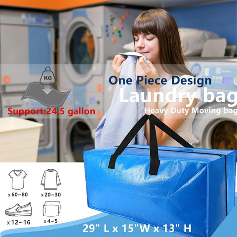 Heavy Duty Extra Large Blue Moving Bags With Strong Zipper And Backpack Handles, 24.5 Gallon Capacity, 29 Inches Long By 15 Inches Wide By 13 Inches High, Durable Reusable Storage For Moving And Travel in use at laundry.