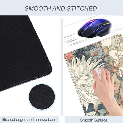 Large Boho Floral Desk Pad 31.5 By 15.7 Inches With Non Slip Rubber Base for Gaming, showing smooth floral surface and stitched edges.