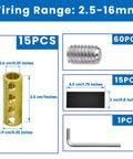 15 Piece Wire Connector Nut Kit For 10-6 AWG Cables, includes terminals, screws, heat shrink tubing, diagram with dimensions.