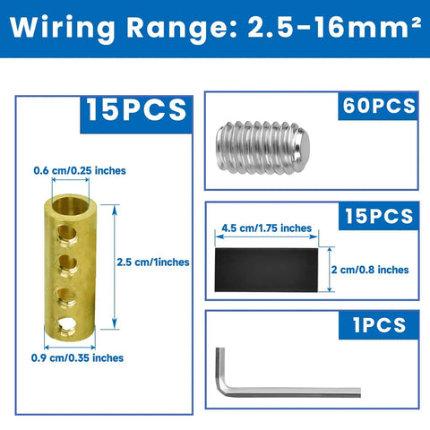 15 Piece Wire Connector Nut Kit For 10-6 AWG Cables, includes terminals, screws, heat shrink tubing, diagram with dimensions.