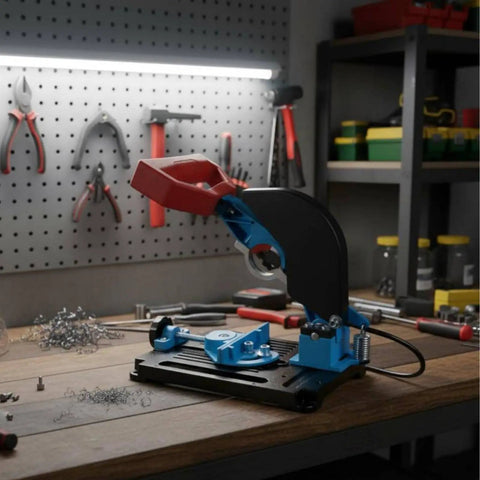 Angle Grind Stand With Guard For Precise 45 Degree Cuts in workshop setting, featuring durable roller shaft and quick clamp system.