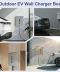 Heavy Duty Outdoor EV Charger Enclosure For Tesla Wall Plug With Secure Lock And Dual Cable Ports Weather Proof Shell mounted on wall.