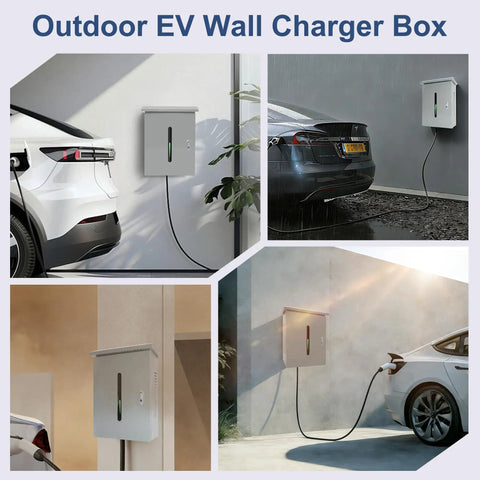 Heavy Duty Outdoor EV Charger Enclosure For Tesla Wall Plug With Secure Lock And Dual Cable Ports Weather Proof Shell mounted on wall.