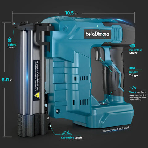 Badass Two In One Cordless Brad Nailer And Staple Gun Combo; side view showing safety nose and brushless motor features.