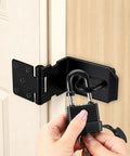 Heavy Duty 90 Degree Hasp Latch 4 Inch Stainless Steel Door Lock Rust Resistant securing a door with a black padlock.