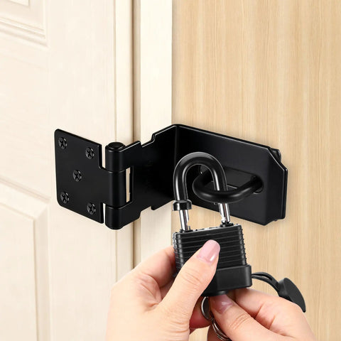 Heavy Duty 90 Degree Hasp Latch 4 Inch Stainless Steel Door Lock Rust Resistant securing a door with a black padlock.
