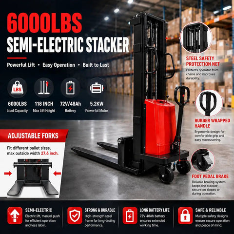Super Tough 6000 Lbs Semi Electric Pallet Stacker With 118 Inch Lift Height, Powerful 5.2kw Motor For Open Bottom Pallets And Adjustable Steel Forks With Long Lasting 72 Volt Battery in warehouse.