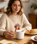 Rechargeable Usb Desktop Cooling Fan For Mugs And Bottles With Adjustable Speed Settings To Keep Coffee Tea Milk Water Frosty And Beat The Heat All Day Long in use with a mug and breakfast.