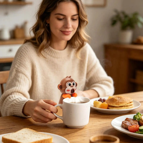 Rechargeable Usb Desktop Cooling Fan For Mugs And Bottles With Adjustable Speed Settings To Keep Coffee Tea Milk Water Frosty And Beat The Heat All Day Long in use with a mug and breakfast.