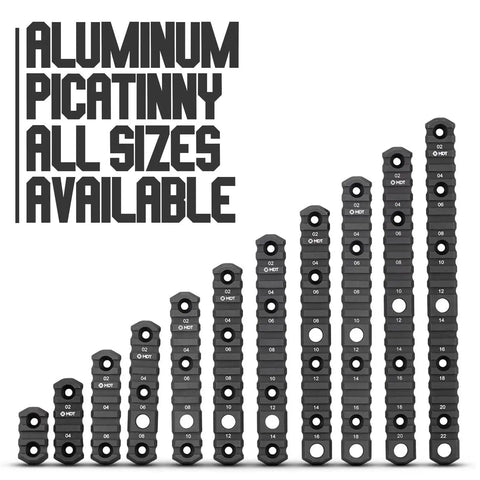 Gradient display of aluminum Picatinny rails of varying sizes, highlighting the 2.5 inch 5-slot hunting firearm rail accessory.