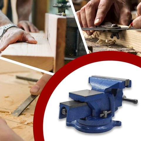 4 Inch Bench Vise With Solid Anvil And 360 Degree Swivel Locking Base shown with woodworking applications