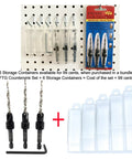 Wicked Sharp 45 Degree Size 8 Wood Countersink Drill Bit Set Three Piece Carbon Steel Hex Wrench on pegboard with storage containers.