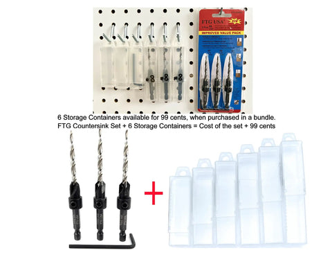 Wicked Sharp 45 Degree Size 8 Wood Countersink Drill Bit Set Three Piece Carbon Steel Hex Wrench on pegboard with storage containers.
