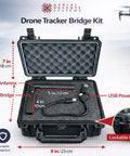 Open DroneTracker Bridge Kit case with external antenna and USB power cable, labeled dimensions; 9x7 inches case.