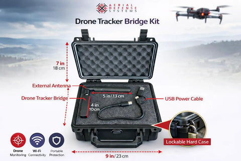 Open DroneTracker Bridge Kit case with external antenna and USB power cable, labeled dimensions; 9x7 inches case.