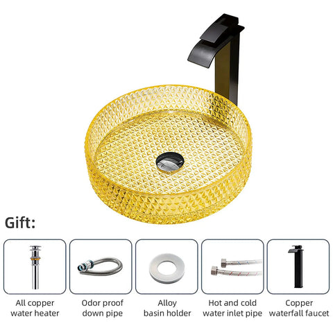 Bathroom Vessel Sink Vanity Glass Vessel Bowl Sink Cylindrical Countertop Sink Bowl Above Counter Sink Art Basin With Faucet And Pop Up Drain,Black, yellow crystal bowl with black faucet.
