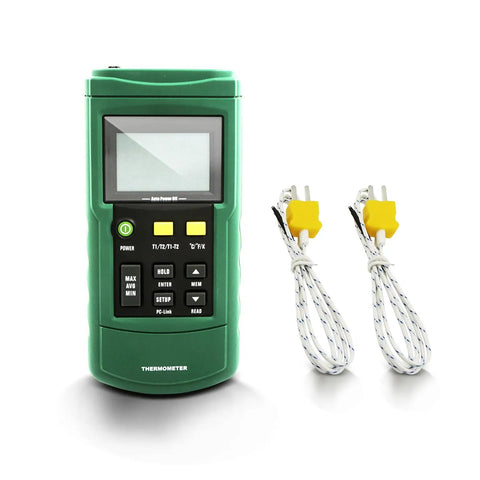 Two Channel USB Data Logger Thermocouple Thermometer Pro Grade Build With PC Software For Windows 10 J K T E R S N Types Wide Temperature Range From Minus 418 Fahrenheit To Plus 3212 Fahrenheit Real Time Monitor Auto Calibration And 3 Year Warranty with display and cables