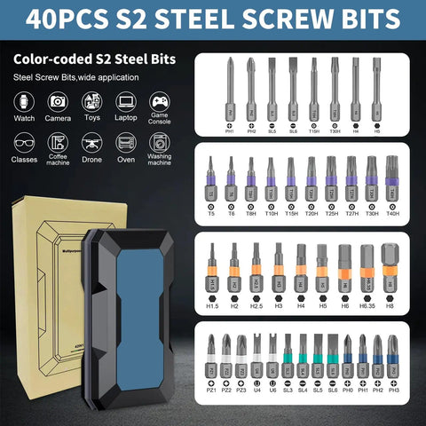 42 In 1 Magnetic Ratcheting Screwdriver Set For Electronics And Smart Home Repair With T Handle And Case Go To 40 S2 Steel Bits Cover PH SL Torx Hex PZ U Shaped Perfect For Computer Laptop Router And DIY Projects The Ultimate Easter Gift, showcasing 40 S2 steel screw bits and case layout.