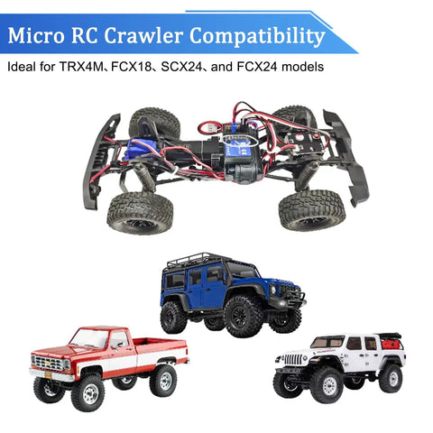 Micro RC crawler chassis with compatibility text above, featuring small models of red, blue, and white trucks, ideal for SCX24, TRX4M, FCX24, FCX18.