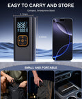 Portable Tire Inflator Air Compressor 180 PSI With Digital Pressure Gauge And LED Light next to smartphone for size comparison