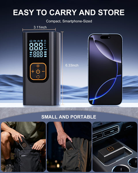 Portable Tire Inflator Air Compressor 180 PSI With Digital Pressure Gauge And LED Light next to smartphone for size comparison