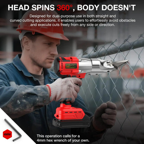 Beast Mode Metal Shears For 14 Gauge Steel, 400Nm Torque, 360 Degree Pivot Head held by worker on metal fence