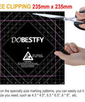 Cuttable 3D Printer Heat Bed Build Surface With Premium Adhesive, 235x235mm, shows grid pattern and cutting instructions