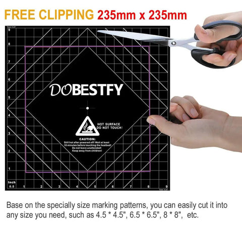 Cuttable 3D Printer Heat Bed Build Surface With Premium Adhesive, 235x235mm, shows grid pattern and cutting instructions