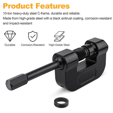 Heavy Duty Brake Anchor Pin Press For Semi Trucks And Class 6 8 Maintenance Quick Pin And Bushing Removal From S Cam Q Brakes Without Hammering Wide Compatibility With Kenworth Peterbilt Freightliner Mack Volvo And More 16002 close-up view of 10-ton steel C-frame with hex drive