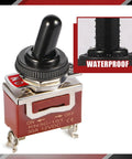 Close-up of Waterproof 12V 30A SPST Toggle Switch 2 Pin On Off with rubber boot cap in red housing