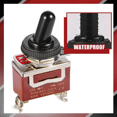Close-up of Waterproof 12V 30A SPST Toggle Switch 2 Pin On Off with rubber boot cap in red housing