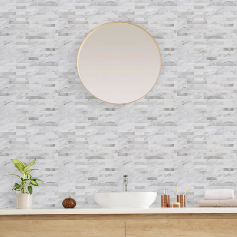 Peel And Stick Backsplash PVC Wall Tiles For Kitchen White Marble With Metal Silver Finish 10 Sheets Easy Install