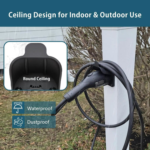 Heavy Duty J1772 EV Charger Holder Wall Mount Electric Vehicle Cable Organizer displayed on a wall, designed for indoor and outdoor use.