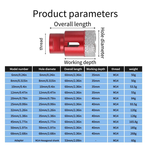 Slay Your Renovation Game With This Dope 12 Pc Diamond Tile Hole Saw Set. Drilling Ceramic, Porcelain And Marble Like A Boss Without Breaking Bits Or Messing Up The Site. Features Heavy Duty Steel, Premium Aluminum Case And M14 Adapter For Perfect Cuts. product parameters chart for 6mm-68mm M14 diamond hole saw