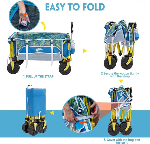 Beach Wagon With Big Wheels For Sand Heavy Duty Collapsible Cart With Tailgate showing folding instructions.