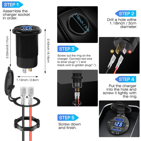 2 Pack 12V To 24V Cigarette Lighter Outlet With Voltmeter Quick Charge 3.0 Dual USB Port Adapter installation guide and measurements.