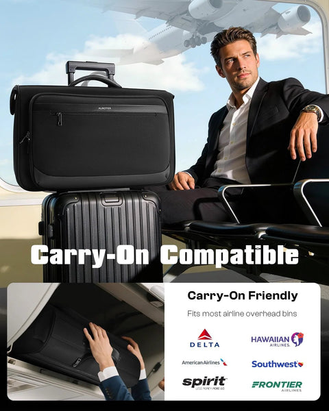 AUROTIER rolling garment bag, front view on a black carry-on suitcase.