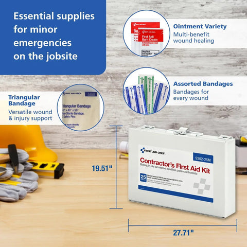 White First Aid Only contractor's first aid kit box on a wooden workbench, labeled Contractor's First Aid Kit.