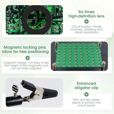 Pro Grade Helping Hands Soldering Station With Five X Magnifying Lamp And Four Flexible Arms PCB Holder No Slip Base features