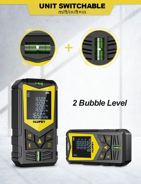 165ft Laser Distance Meter With Dual Bubble Levels And Black LCD Display Pythagorean Mode For Quick Distance Area And Volume Measurements A Handy DIYer And Pro Friendly Measuring Tool. Black and yellow handheld laser distance meter with dual bubble levels.