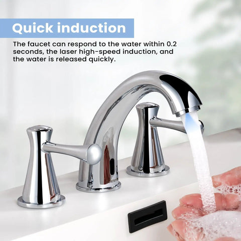 Touchless Bathroom Faucet For Three Hole Mount With Three Handles, Temperature Control, Adjustable Water Flow, Chrome Finish